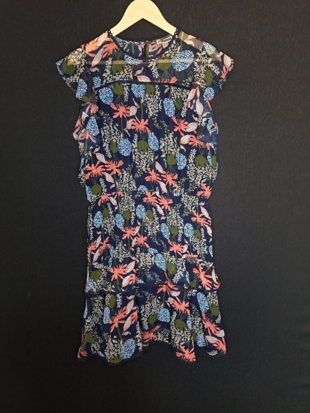 💙 Chelsea28 Floral Tiered Ruffle Dress Size L Navy Pink Blue Boho Romantic